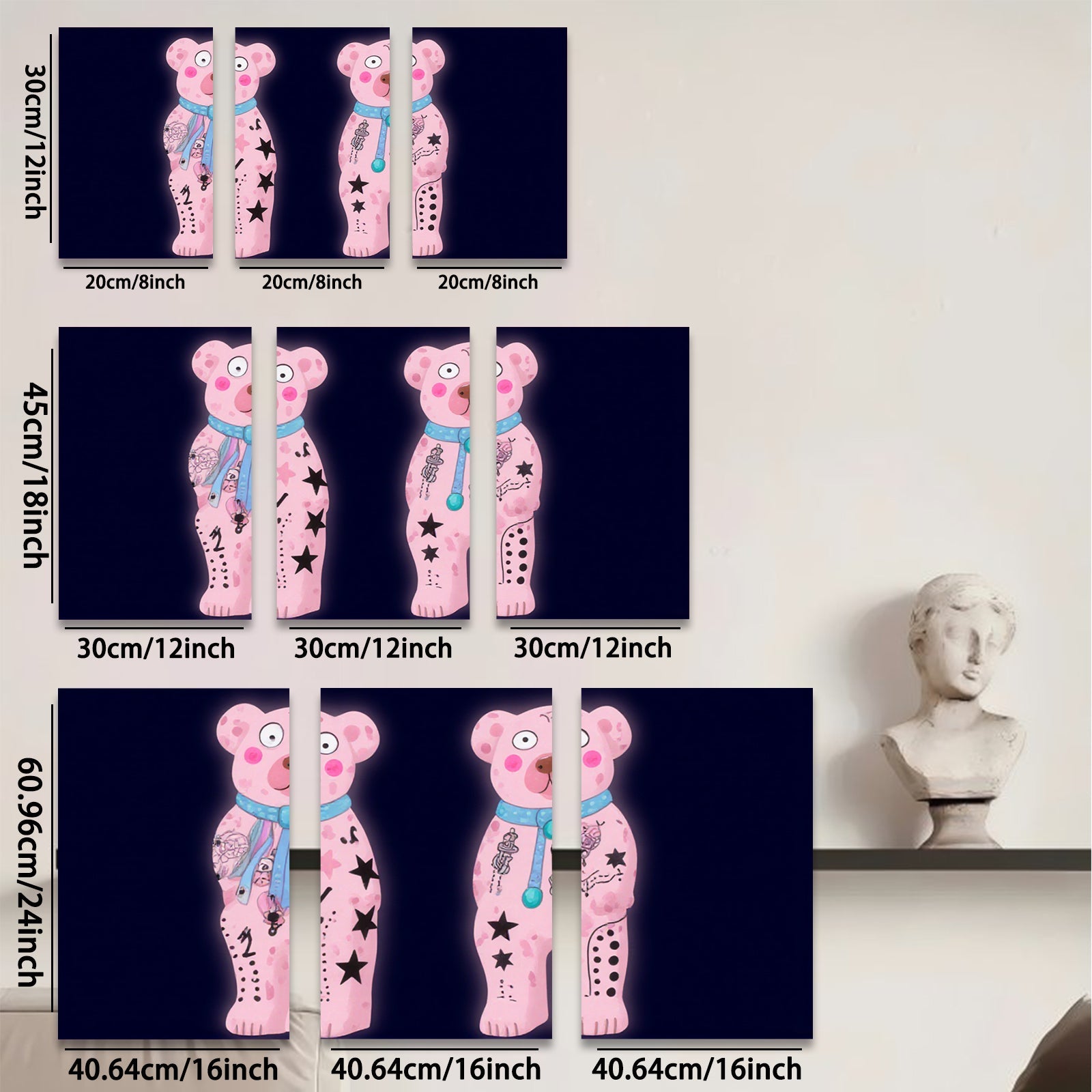 2D flat 1pc whimsical pink bear tattoo art wall decor kids room playroom modern farmhouse gallery wrapped canvas print cozy vibes