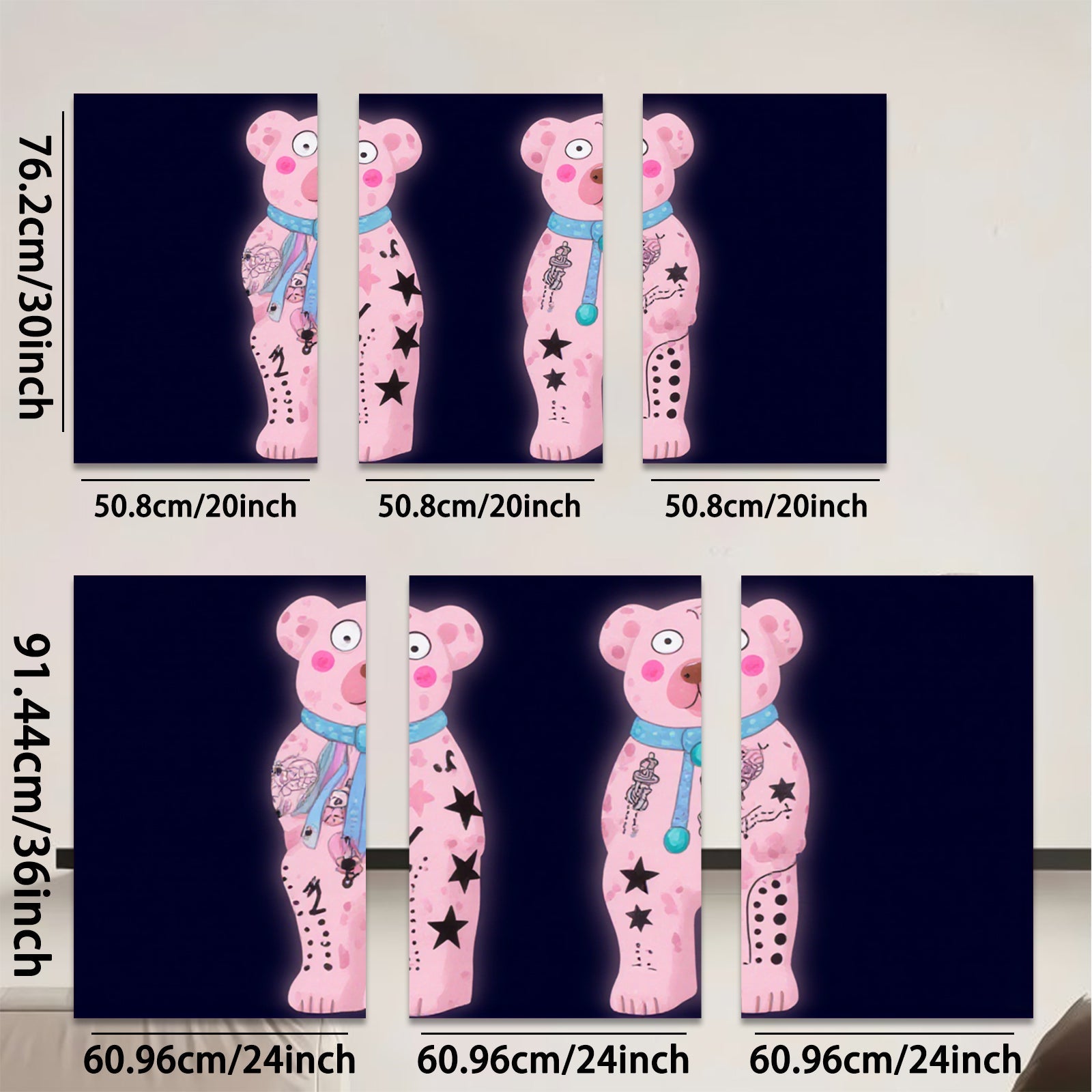 2D flat 1pc whimsical pink bear tattoo art wall decor kids room playroom modern farmhouse gallery wrapped canvas print cozy vibes