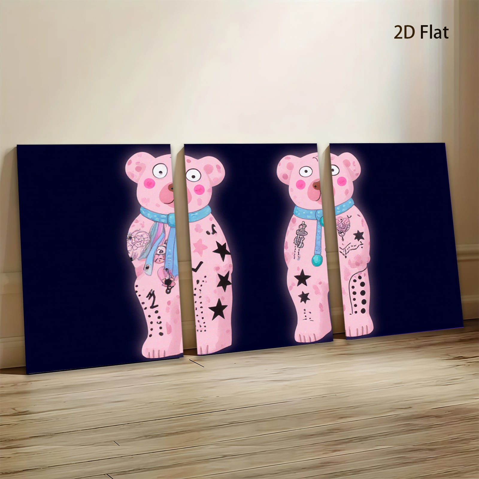 2D flat 1pc whimsical pink bear tattoo art wall decor kids room playroom modern farmhouse gallery wrapped canvas print cozy vibes