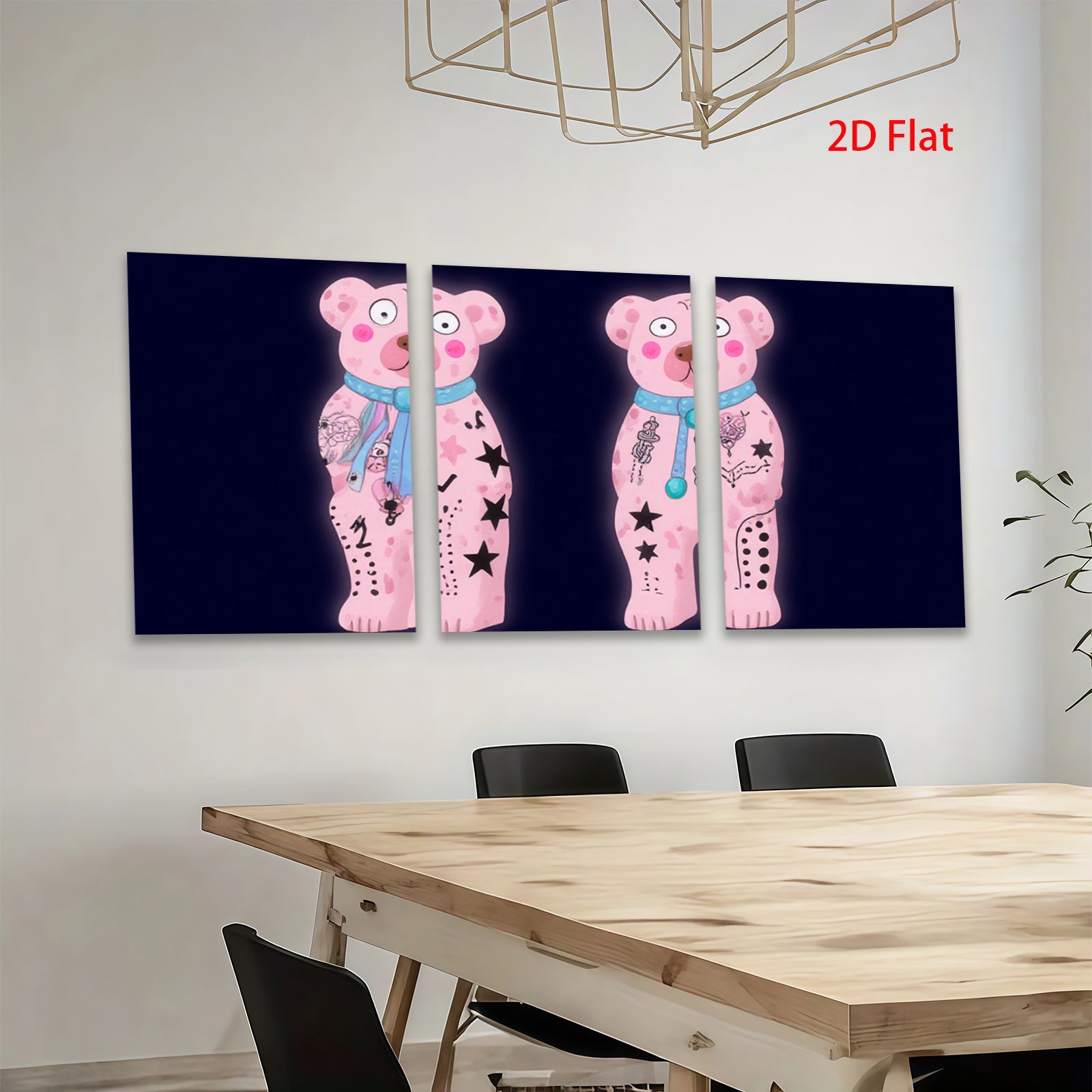 2D flat 1pc whimsical pink bear tattoo art wall decor kids room playroom modern farmhouse gallery wrapped canvas print cozy vibes
