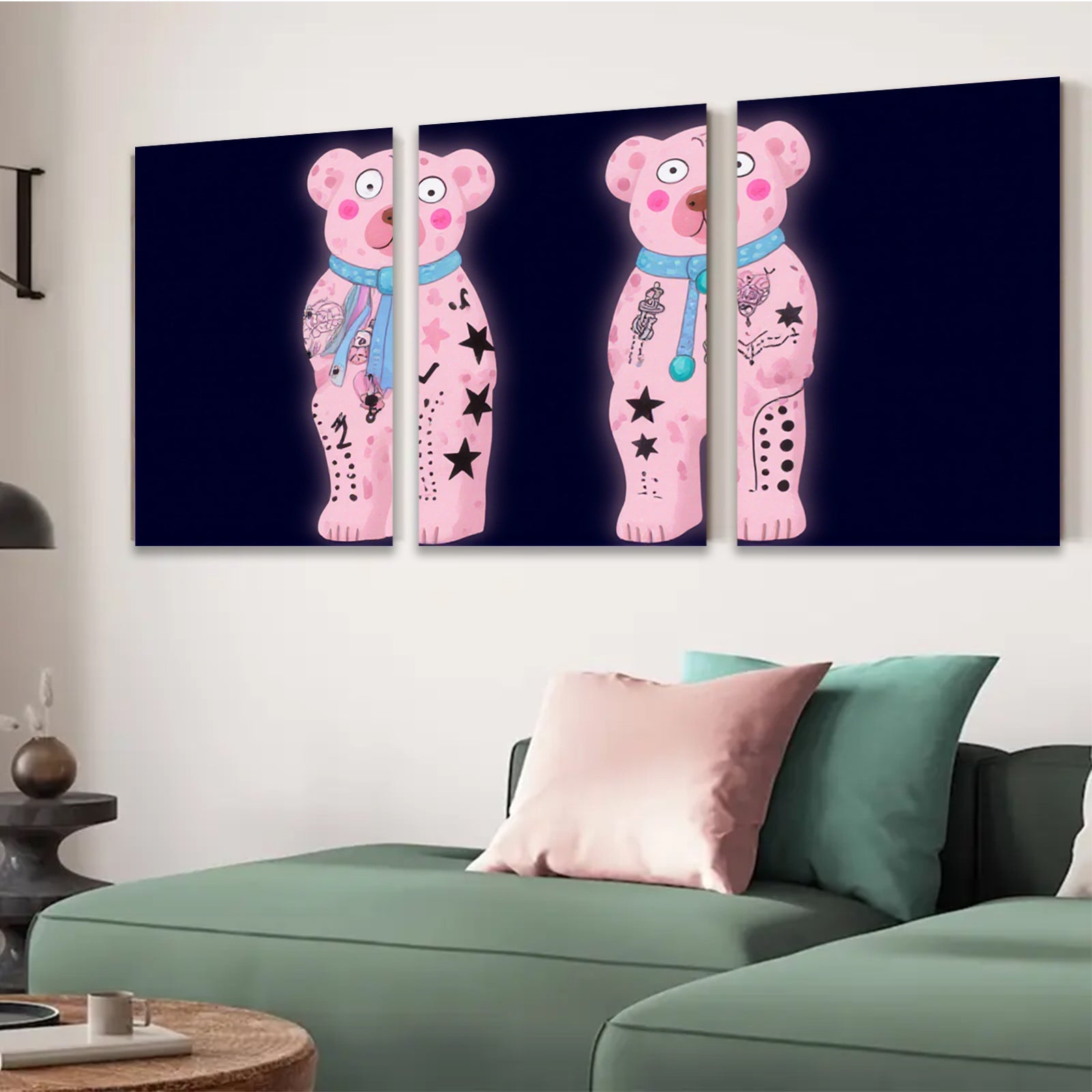2D flat 1pc whimsical pink bear tattoo art wall decor kids room playroom modern farmhouse gallery wrapped canvas print cozy vibes