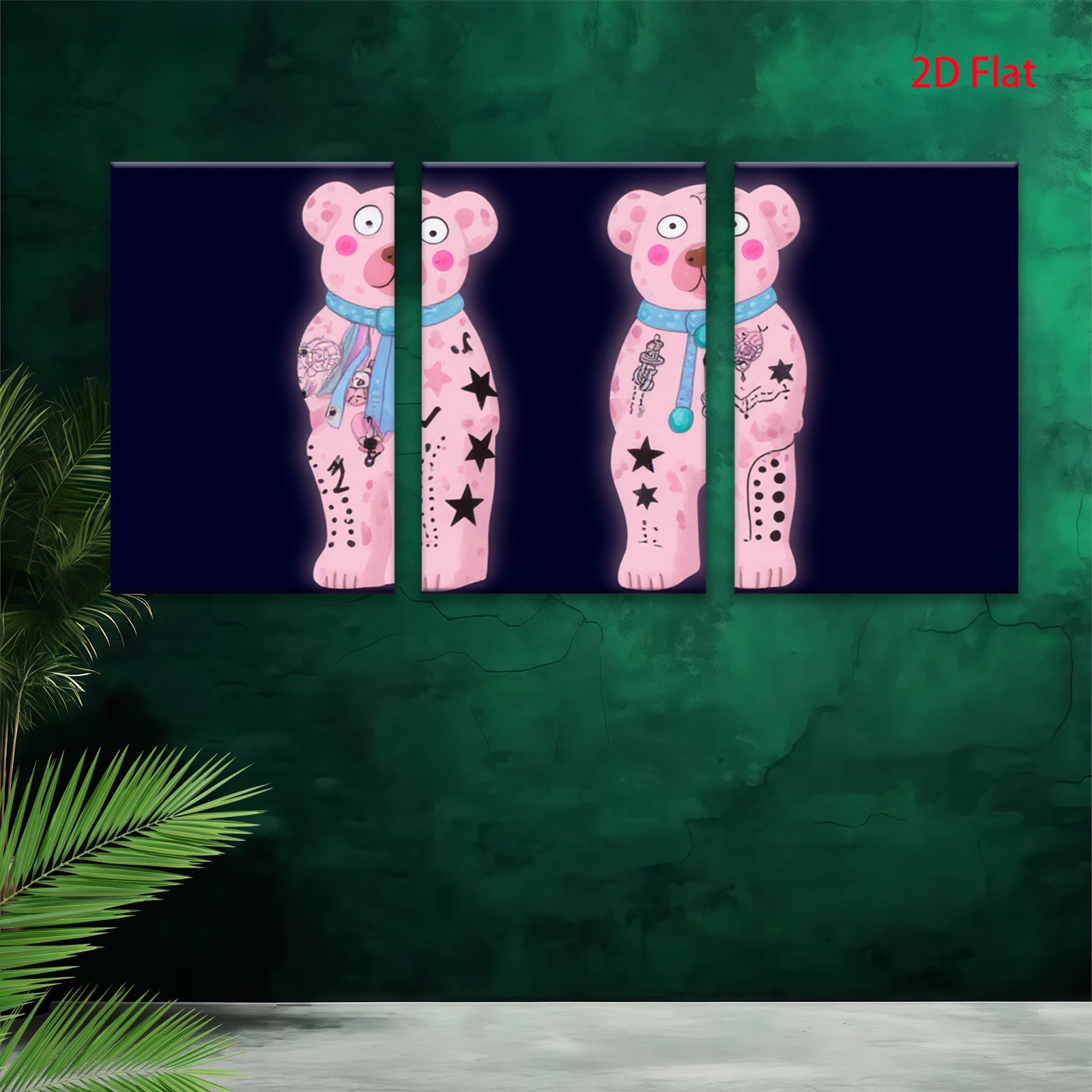 2D flat 1pc whimsical pink bear tattoo art wall decor kids room playroom modern farmhouse gallery wrapped canvas print cozy vibes