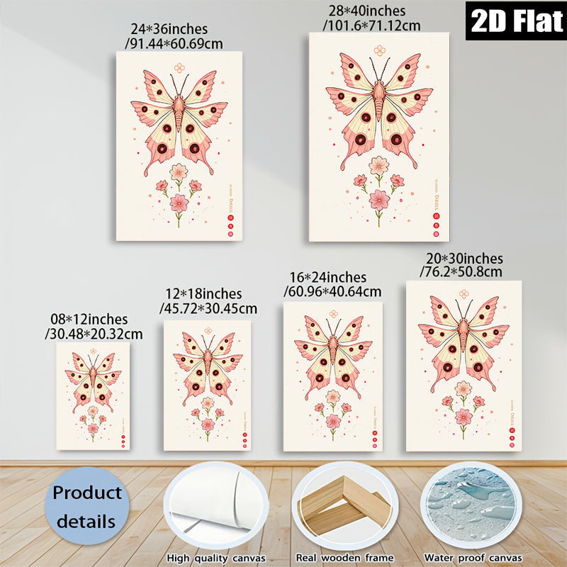 2D flat 1pc whimsical pink butterfly floral wall art canvas prints for bedroom living room home decor farmhouse style modern minimalist aesthetic gallery wrapped