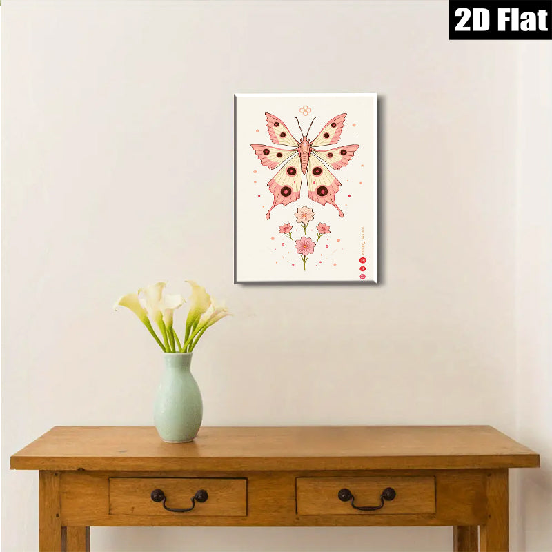 2D flat 1pc whimsical pink butterfly floral wall art canvas prints for bedroom living room home decor farmhouse style modern minimalist aesthetic gallery wrapped