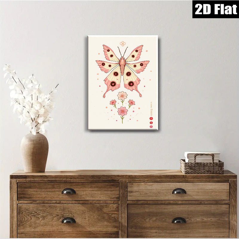 2D flat 1pc whimsical pink butterfly floral wall art canvas prints for bedroom living room home decor farmhouse style modern minimalist aesthetic gallery wrapped