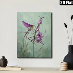 2D flat 1pc whimsical praying mantis amidst vibrant purple wildflowers botanical wall art for living room bedroom office gallery wrapped canvas prints modern farmhouse decor