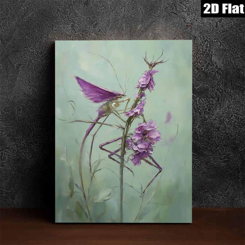 2D flat 1pc whimsical praying mantis amidst vibrant purple wildflowers botanical wall art for living room bedroom office gallery wrapped canvas prints modern farmhouse decor