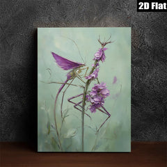 2D flat 1pc whimsical praying mantis amidst vibrant purple wildflowers botanical wall art for living room bedroom office gallery wrapped canvas prints modern farmhouse decor