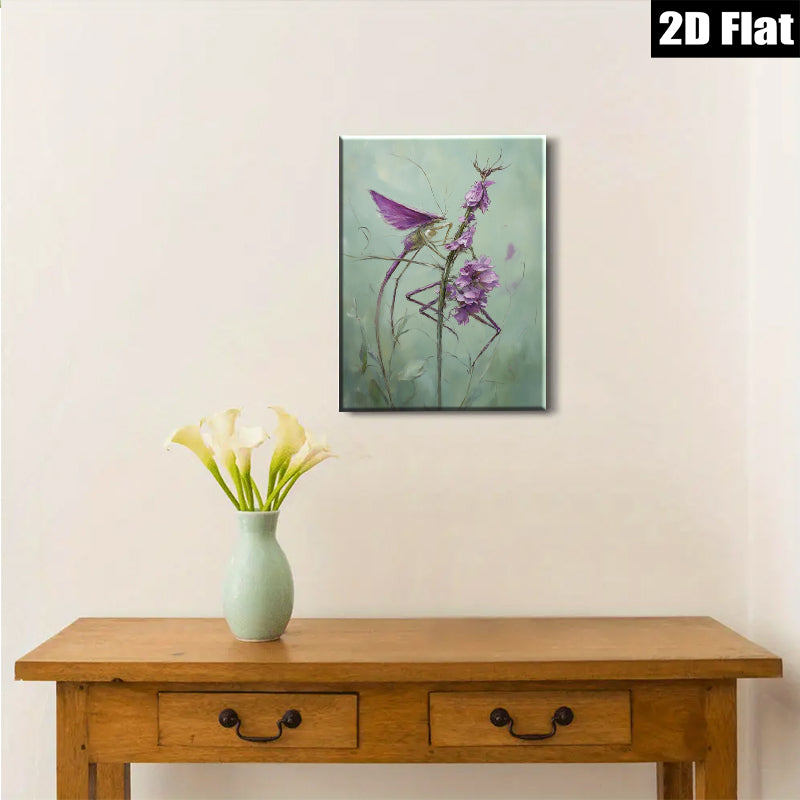 2D flat 1pc whimsical praying mantis amidst vibrant purple wildflowers botanical wall art for living room bedroom office gallery wrapped canvas prints modern farmhouse decor