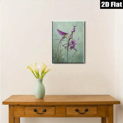 2D flat 1pc whimsical praying mantis amidst vibrant purple wildflowers botanical wall art for living room bedroom office gallery wrapped canvas prints modern farmhouse decor