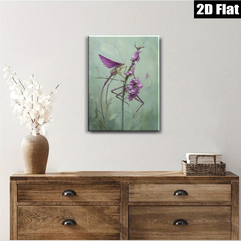 2D flat 1pc whimsical praying mantis amidst vibrant purple wildflowers botanical wall art for living room bedroom office gallery wrapped canvas prints modern farmhouse decor