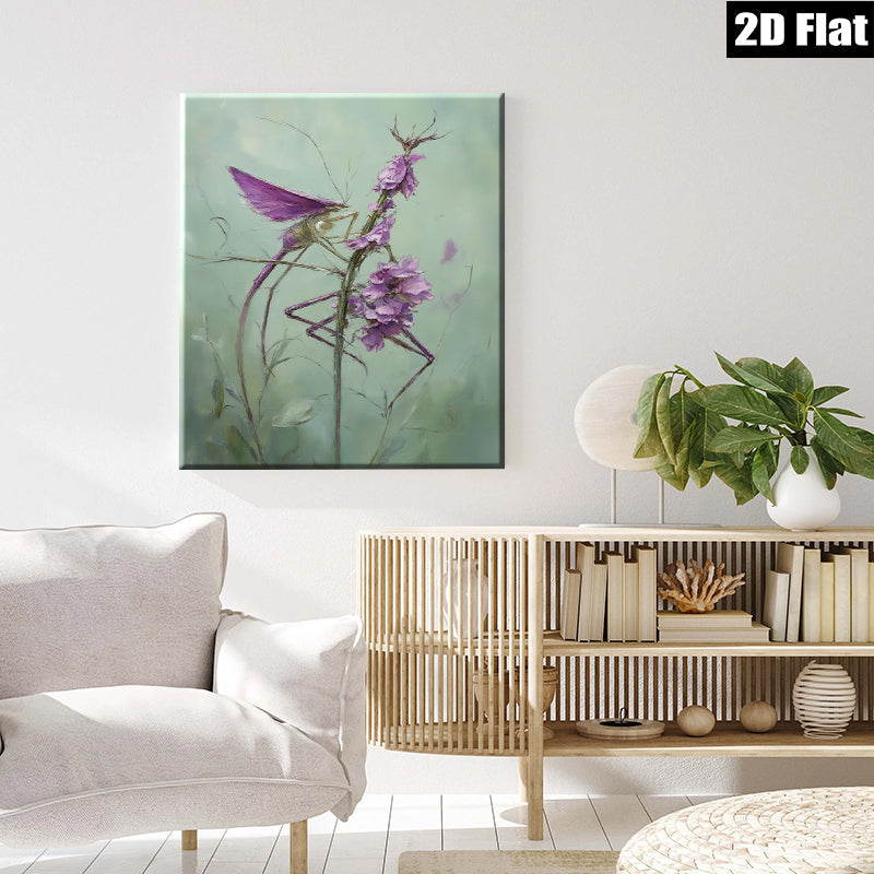 2D flat 1pc whimsical praying mantis amidst vibrant purple wildflowers botanical wall art for living room bedroom office gallery wrapped canvas prints modern farmhouse decor