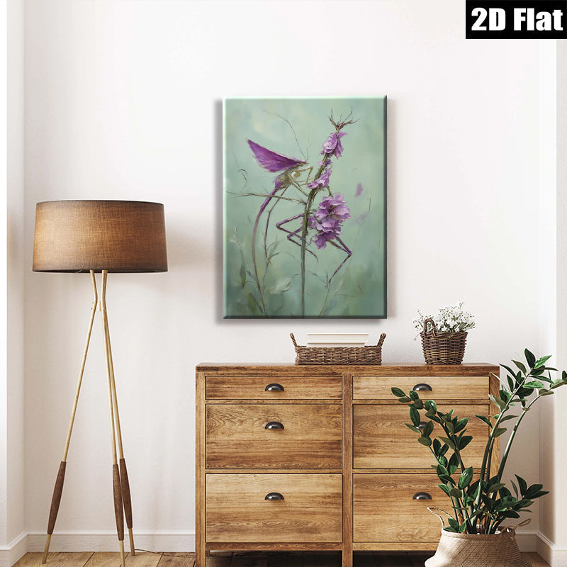 2D flat 1pc whimsical praying mantis amidst vibrant purple wildflowers botanical wall art for living room bedroom office gallery wrapped canvas prints modern farmhouse decor