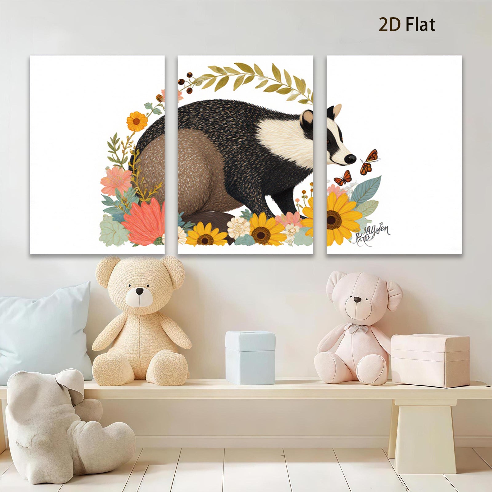 2D flat 1pc whimsical raccoon floral botanical wall art prints farmhouse living room bedroom decor gallery wrapped canvas modern rustic cozy aesthetic