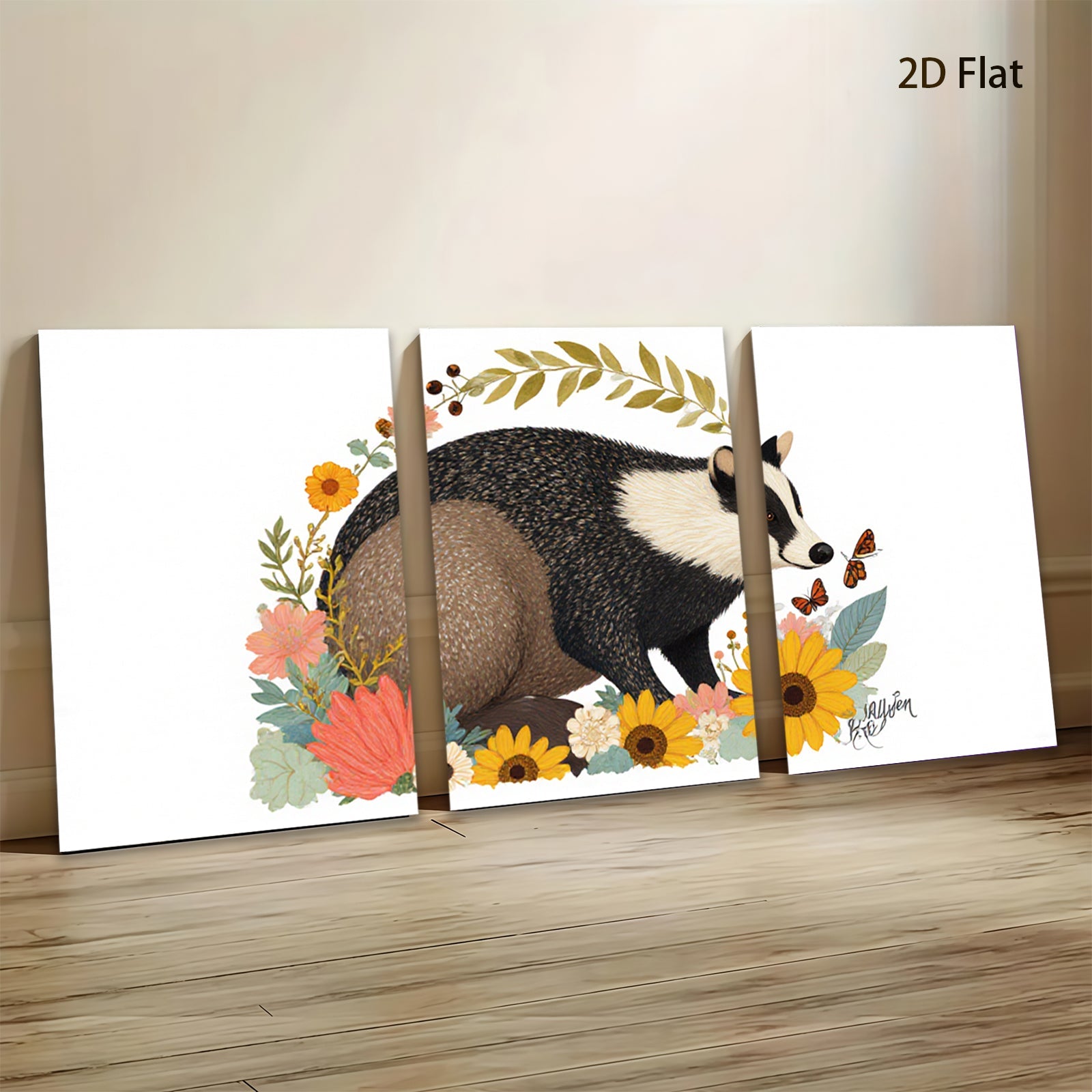 2D flat 1pc whimsical raccoon floral botanical wall art prints farmhouse living room bedroom decor gallery wrapped canvas modern rustic cozy aesthetic