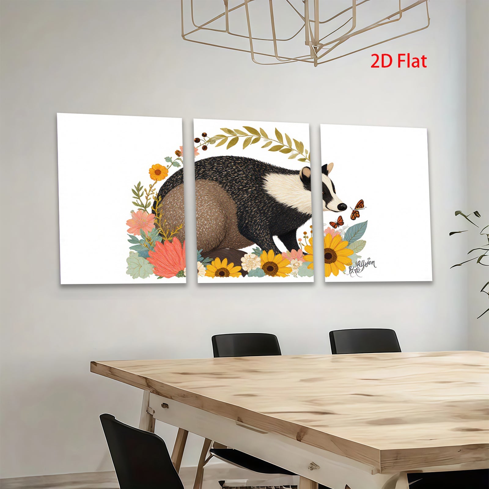 2D flat 1pc whimsical raccoon floral botanical wall art prints farmhouse living room bedroom decor gallery wrapped canvas modern rustic cozy aesthetic