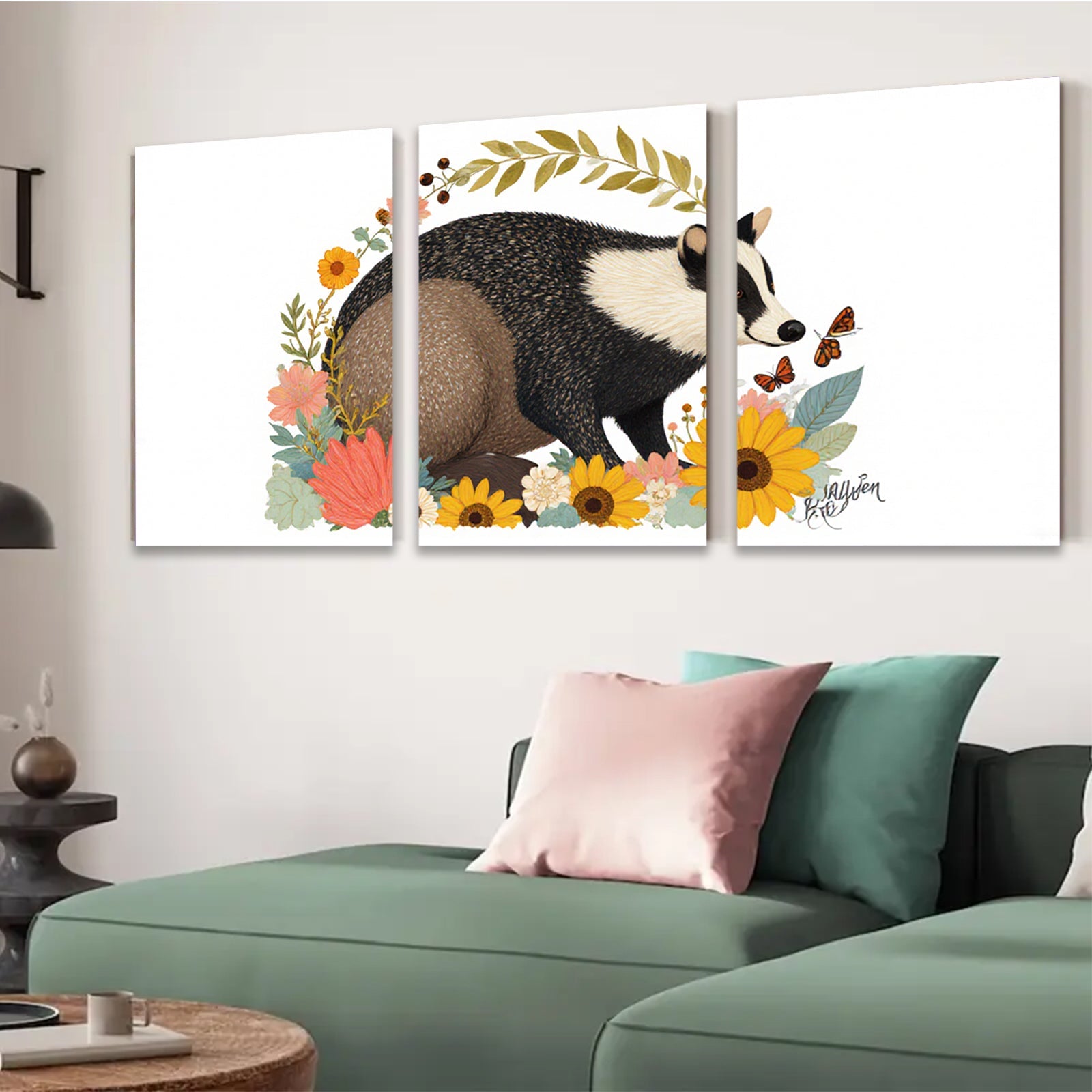2D flat 1pc whimsical raccoon floral botanical wall art prints farmhouse living room bedroom decor gallery wrapped canvas modern rustic cozy aesthetic