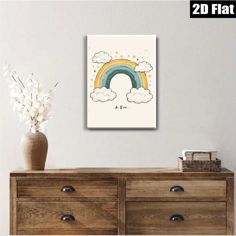 2D flat 1pc whimsical rainbow clouds wall art decor for kids bedroom nursery playroom modern farmhouse aesthetic gallery wrapped canvas prints inspirational gifts