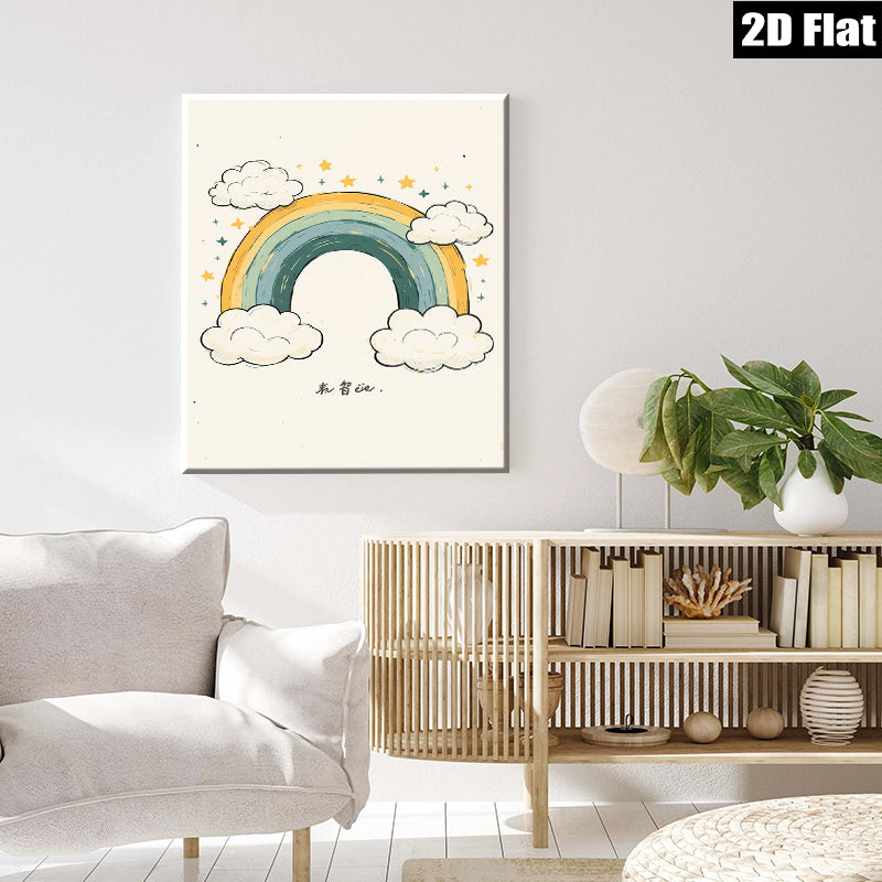 2D flat 1pc whimsical rainbow clouds wall art decor for kids bedroom nursery playroom modern farmhouse aesthetic gallery wrapped canvas prints inspirational gifts