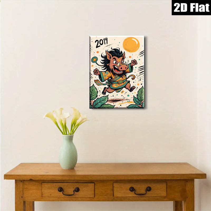 2D flat 1pc whimsical samurai pig illustration wall decor for living room bedroom farmhouse style modern art prints cozy vibes gallery wrapped canvas