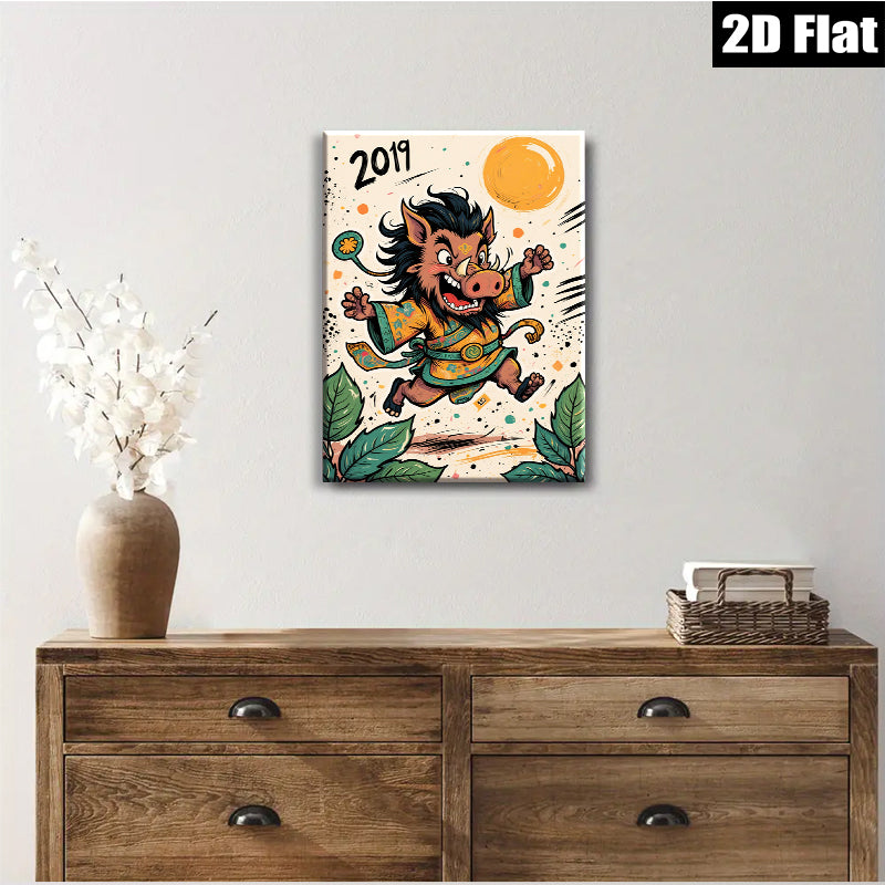 2D flat 1pc whimsical samurai pig illustration wall decor for living room bedroom farmhouse style modern art prints cozy vibes gallery wrapped canvas