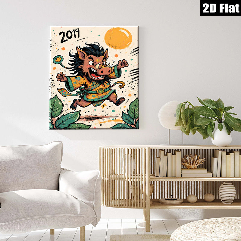 2D flat 1pc whimsical samurai pig illustration wall decor for living room bedroom farmhouse style modern art prints cozy vibes gallery wrapped canvas