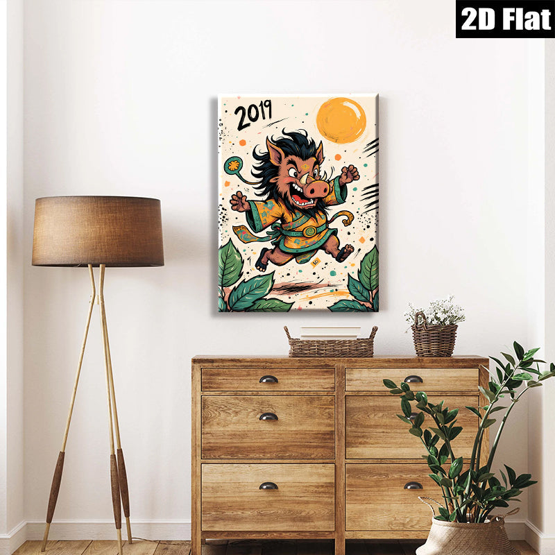 2D flat 1pc whimsical samurai pig illustration wall decor for living room bedroom farmhouse style modern art prints cozy vibes gallery wrapped canvas