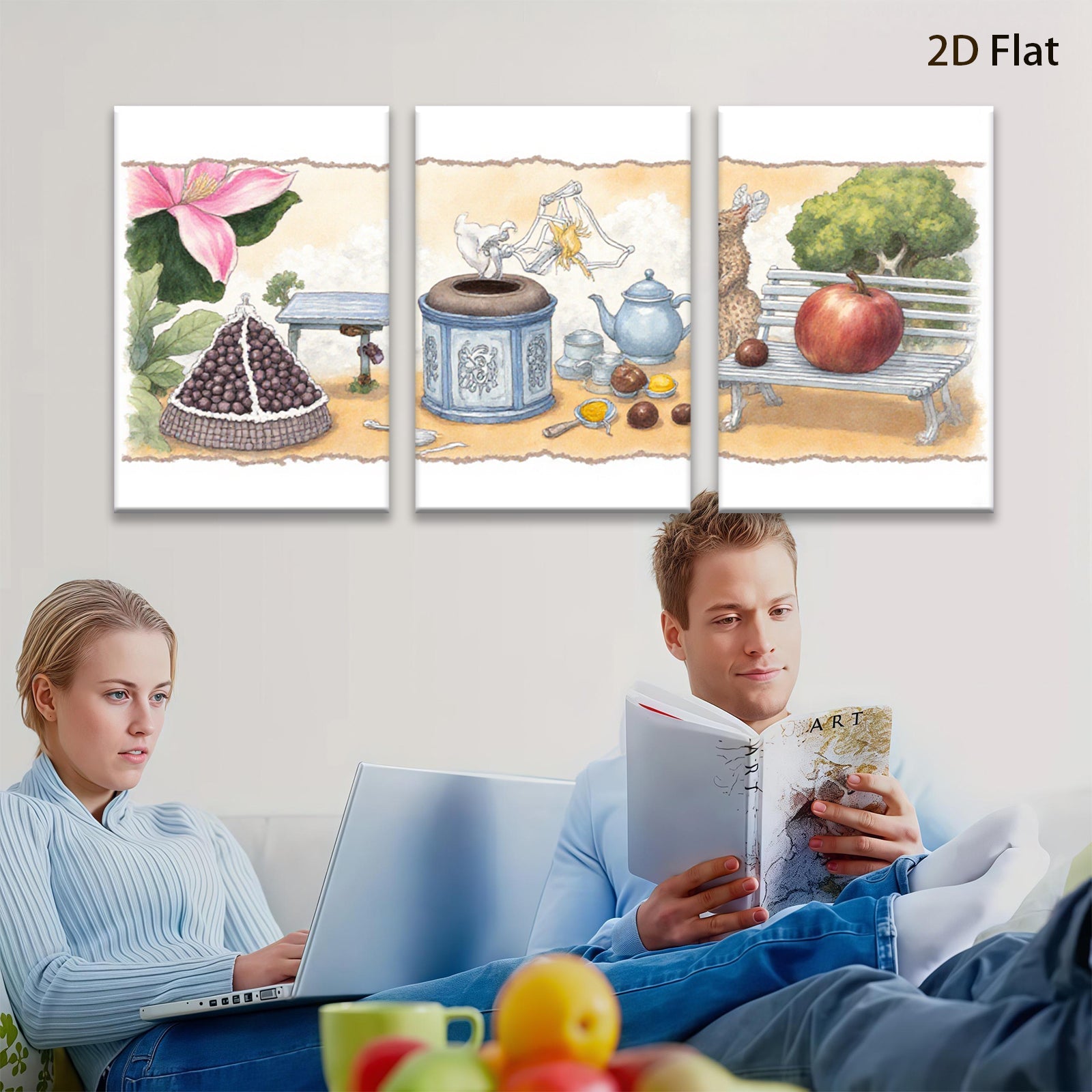 2D flat 1pc whimsical still life featuring fruit flowers pastoral scene farmhouse wall decor living room bedroom kitchen art