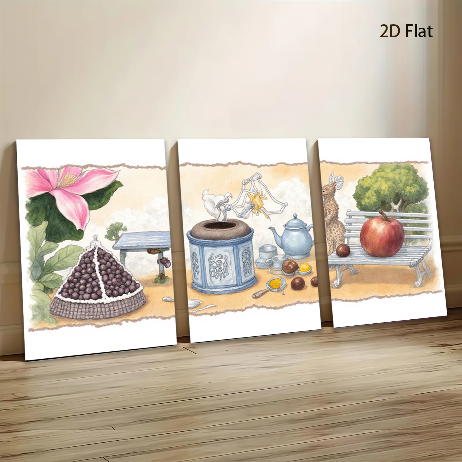 2D flat 1pc whimsical still life featuring fruit flowers pastoral scene farmhouse wall decor living room bedroom kitchen art