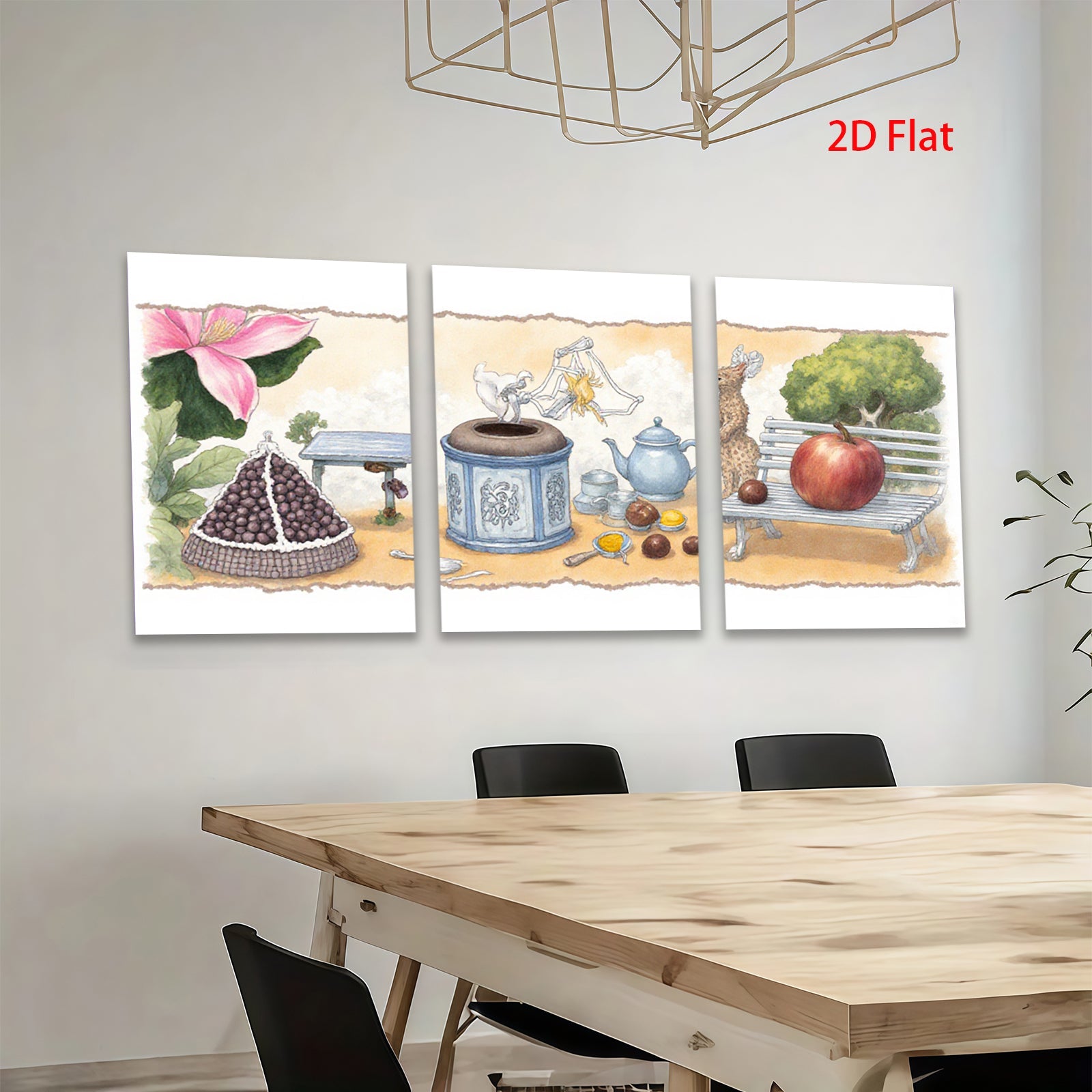 2D flat 1pc whimsical still life featuring fruit flowers pastoral scene farmhouse wall decor living room bedroom kitchen art
