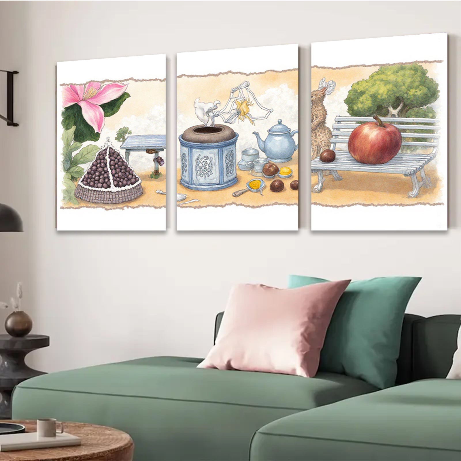 2D flat 1pc whimsical still life featuring fruit flowers pastoral scene farmhouse wall decor living room bedroom kitchen art