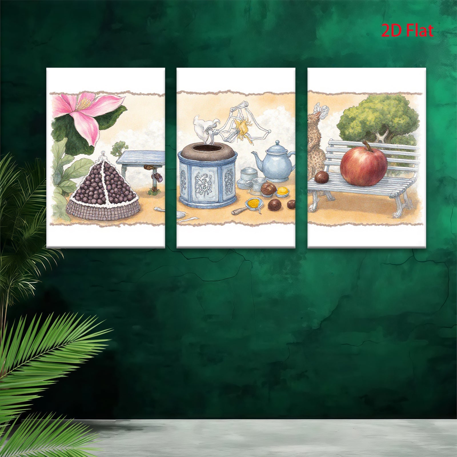 2D flat 1pc whimsical still life featuring fruit flowers pastoral scene farmhouse wall decor living room bedroom kitchen art