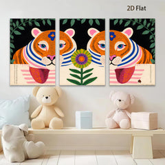 2D flat 1pc whimsical tiger floral botanical wall art prints farmhouse living room bedroom decor gallery wrapped canvas modern minimalist