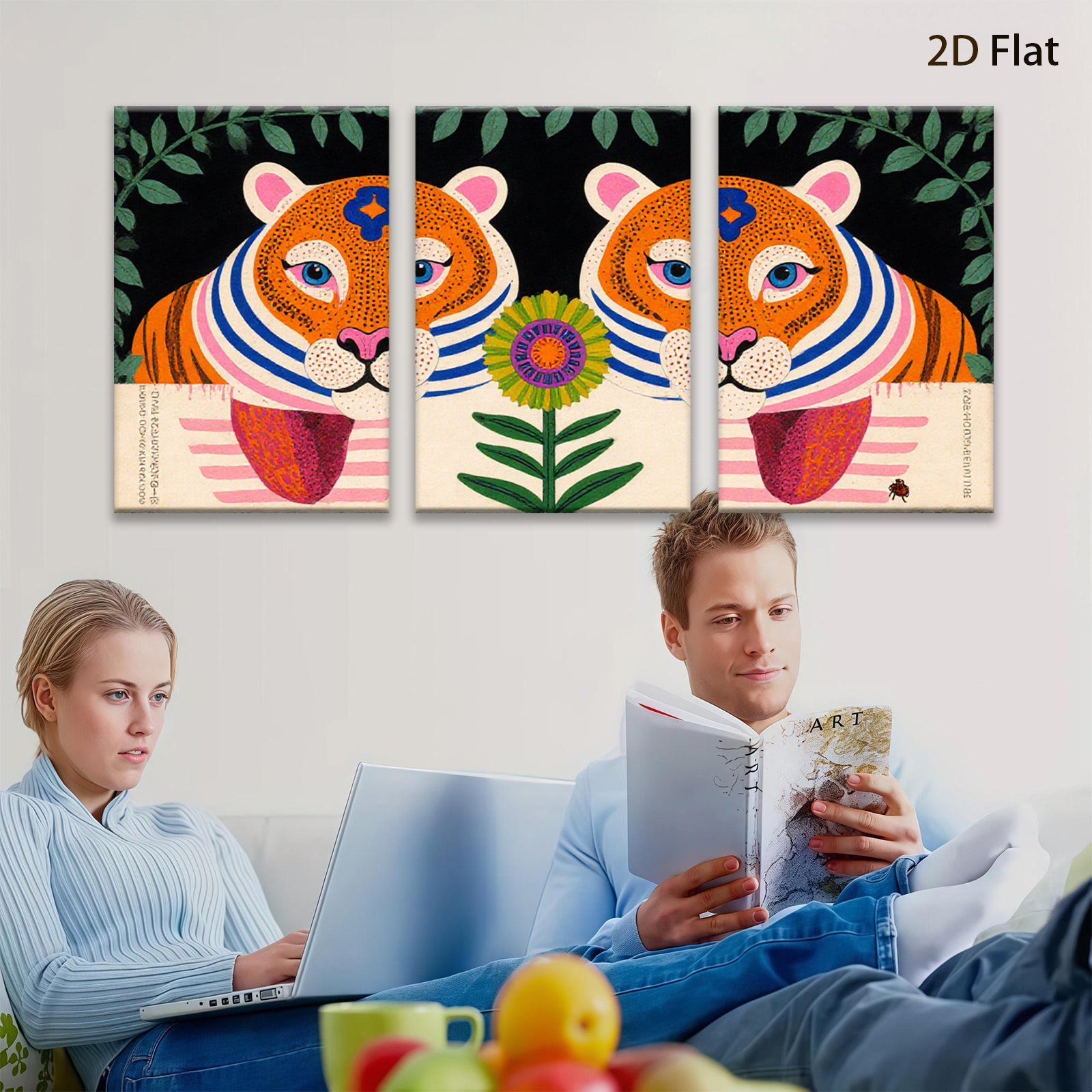 2D flat 1pc whimsical tiger floral botanical wall art prints farmhouse living room bedroom decor gallery wrapped canvas modern minimalist