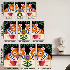 2D flat 1pc whimsical tiger floral botanical wall art prints farmhouse living room bedroom decor gallery wrapped canvas modern minimalist