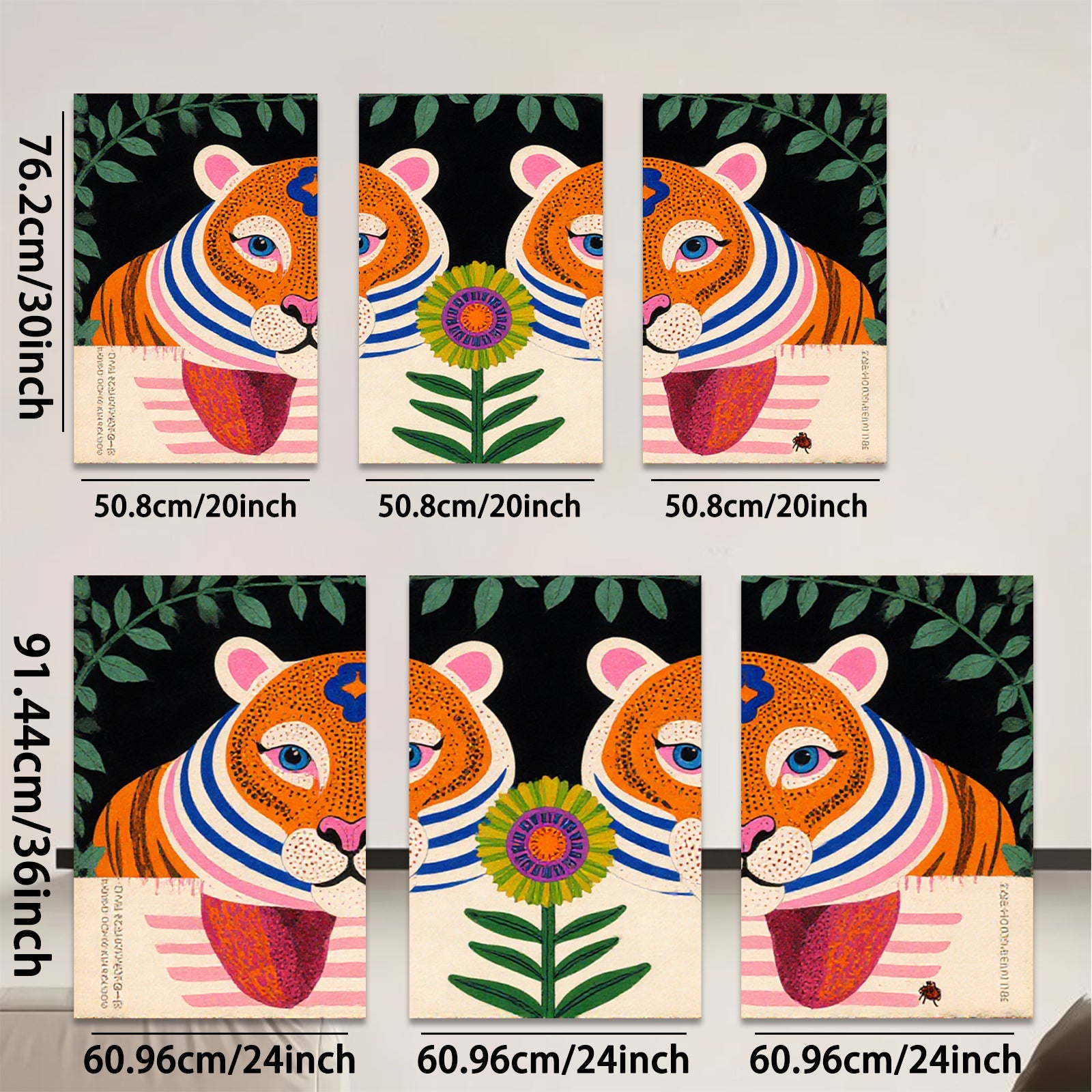 2D flat 1pc whimsical tiger floral botanical wall art prints farmhouse living room bedroom decor gallery wrapped canvas modern minimalist