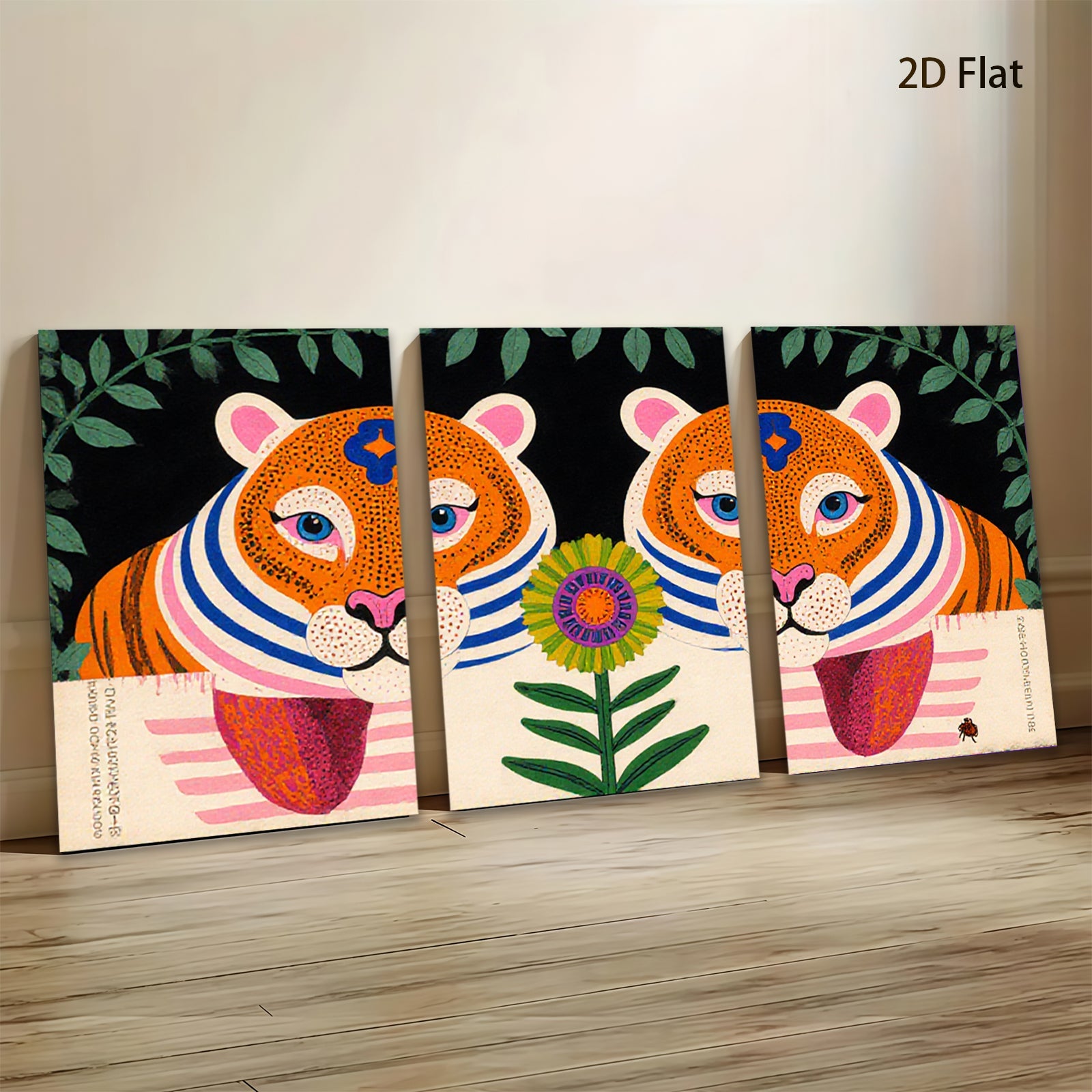 2D flat 1pc whimsical tiger floral botanical wall art prints farmhouse living room bedroom decor gallery wrapped canvas modern minimalist