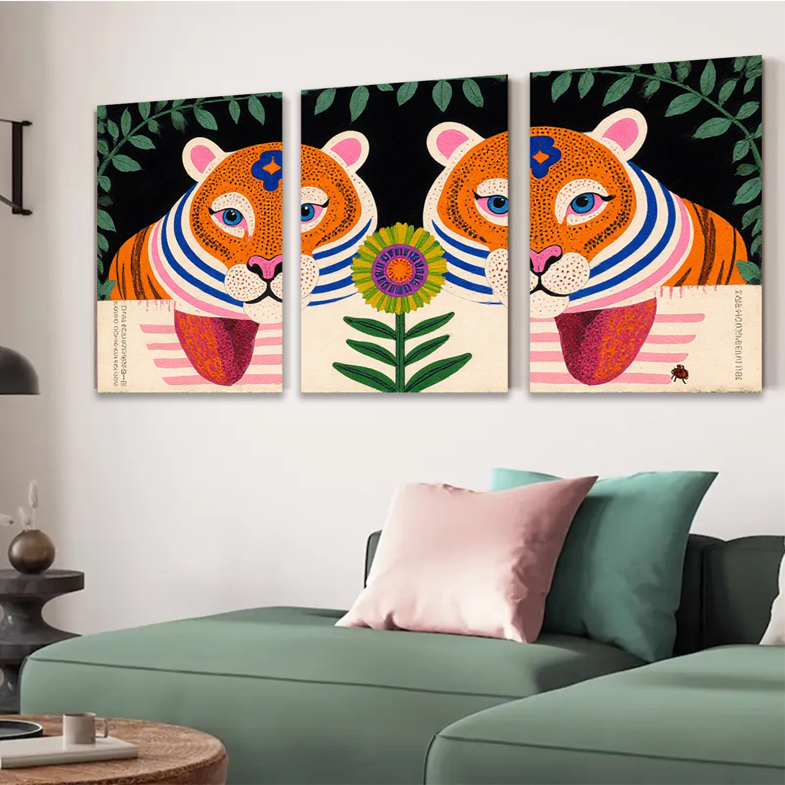 2D flat 1pc whimsical tiger floral botanical wall art prints farmhouse living room bedroom decor gallery wrapped canvas modern minimalist