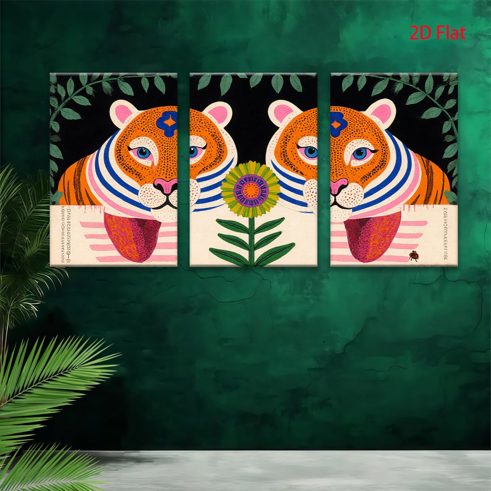 2D flat 1pc whimsical tiger floral botanical wall art prints farmhouse living room bedroom decor gallery wrapped canvas modern minimalist