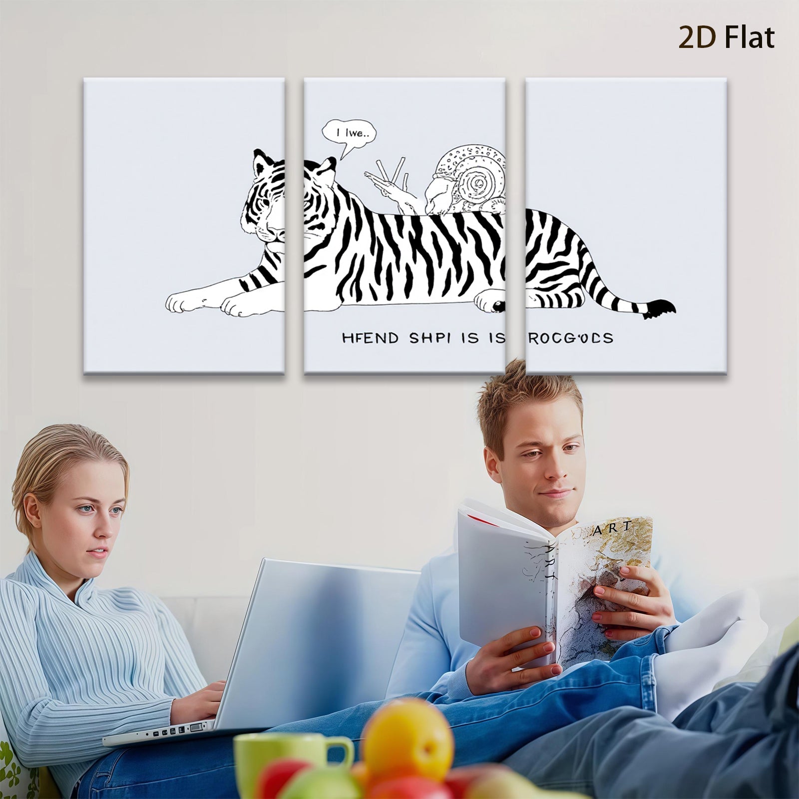 2D flat 1pc whimsical tiger snail friendship playful wall art canvas prints for living room bedroom home decor gallery wrapped modern farmhouse style