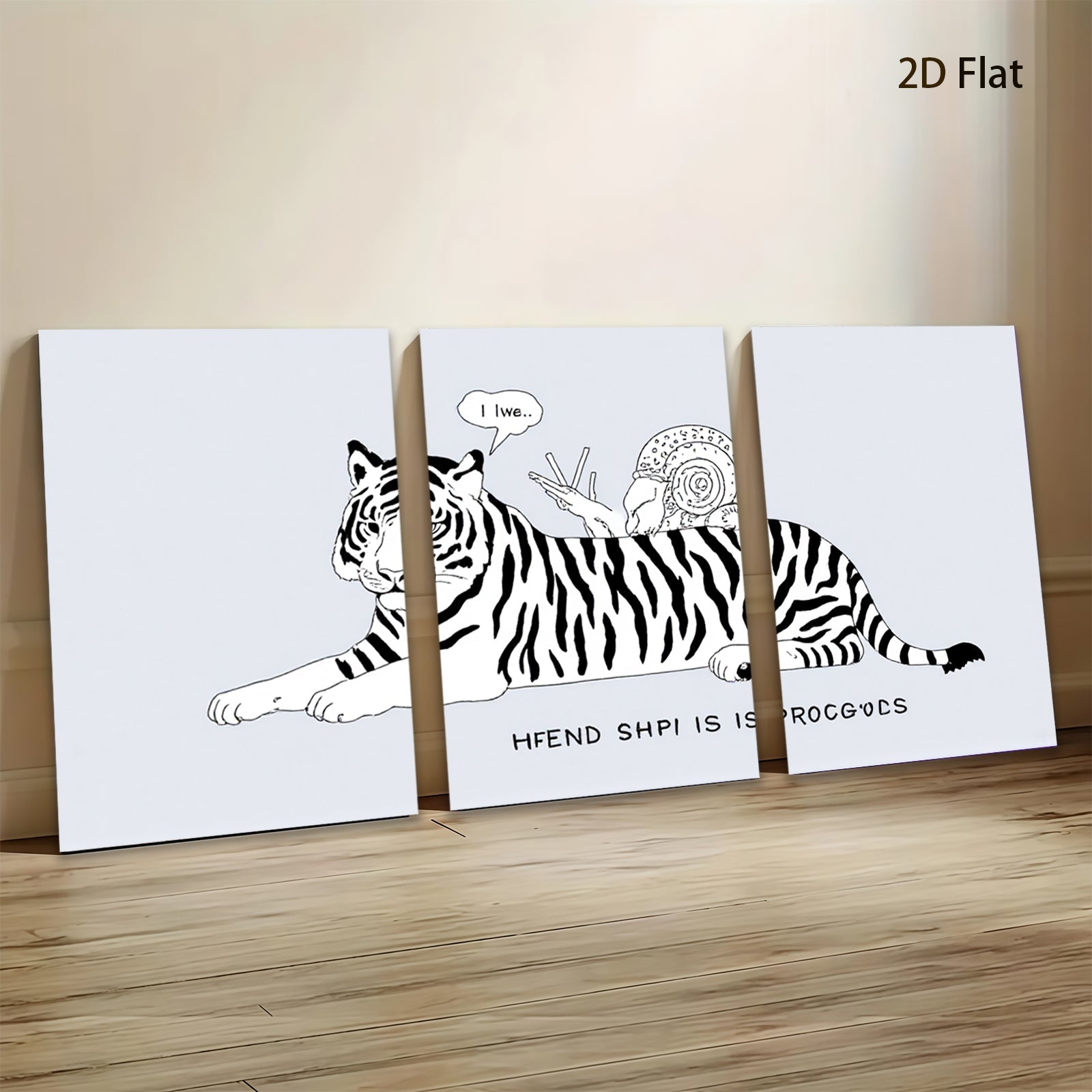 2D flat 1pc whimsical tiger snail friendship playful wall art canvas prints for living room bedroom home decor gallery wrapped modern farmhouse style