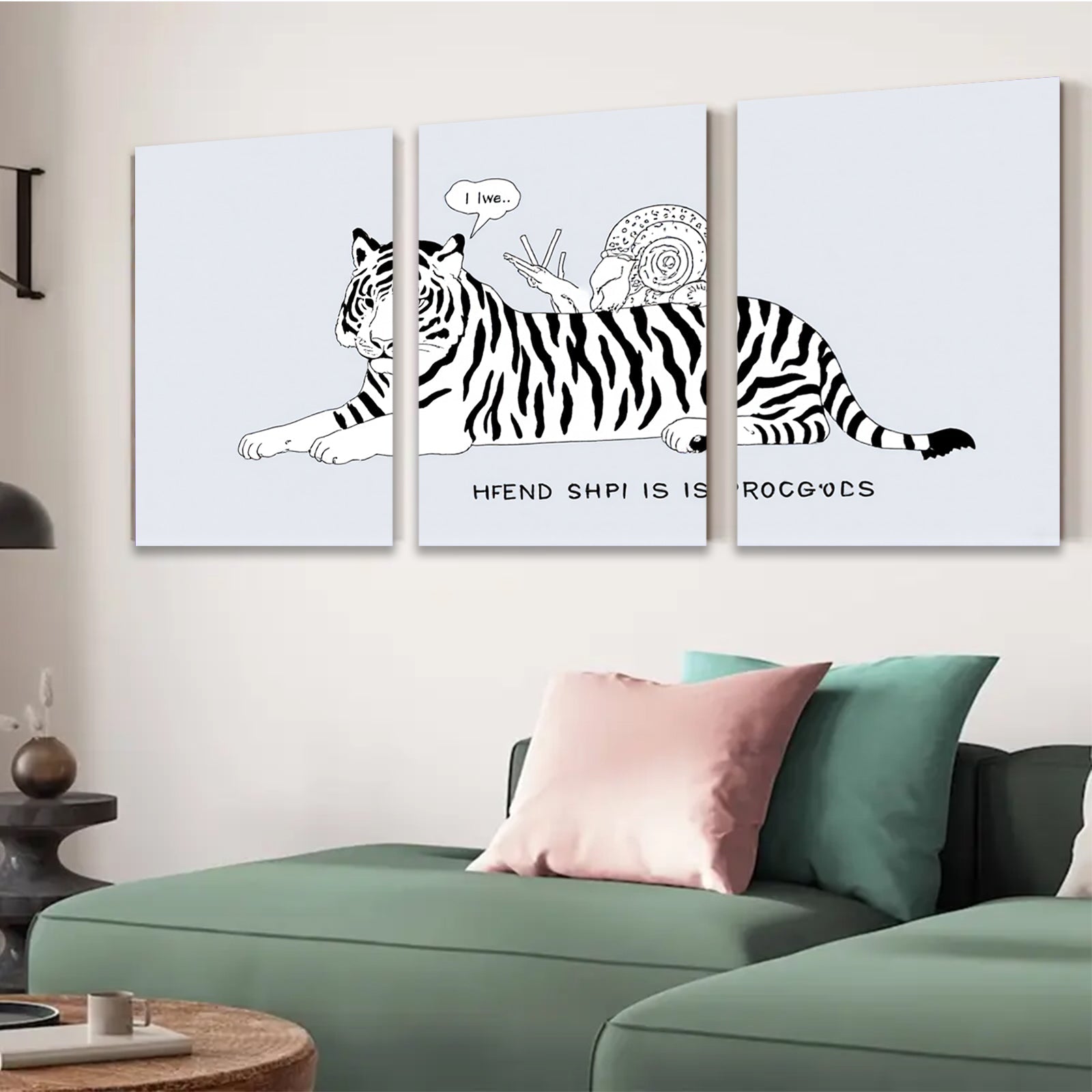 2D flat 1pc whimsical tiger snail friendship playful wall art canvas prints for living room bedroom home decor gallery wrapped modern farmhouse style