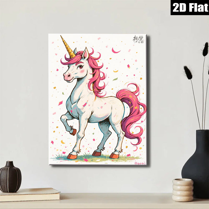 2D flat 1pc whimsical unicorn portrait vibrant kids room nursery playroom decor gallery wrapped canvas wall art modern farmhouse style