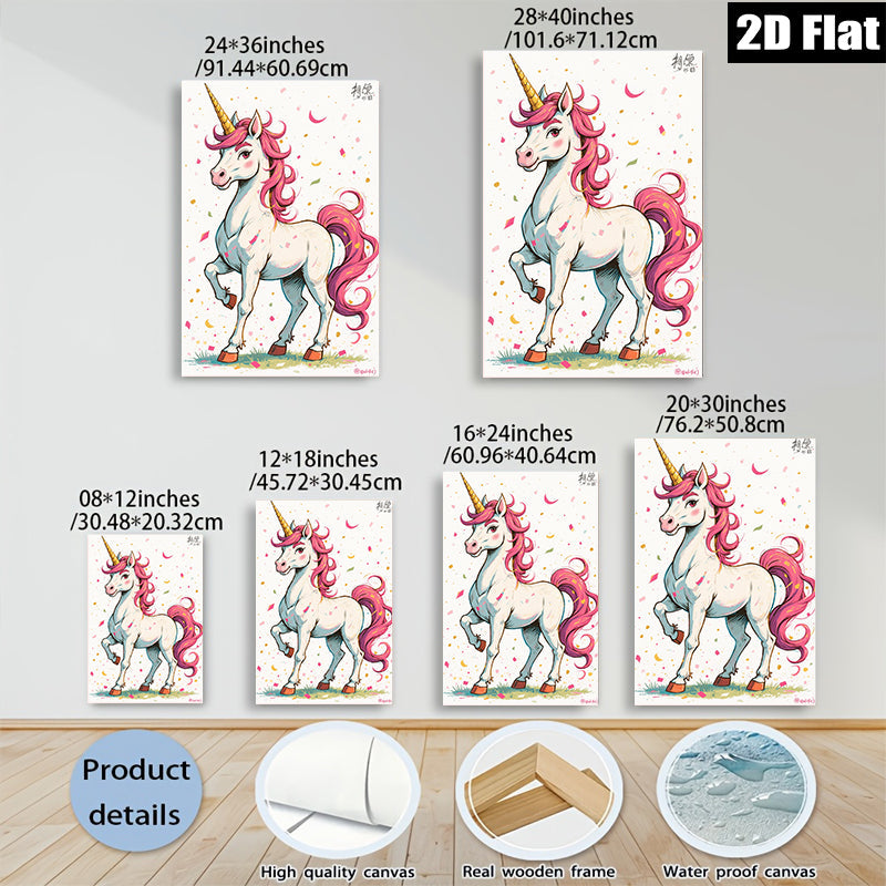 2D flat 1pc whimsical unicorn portrait vibrant kids room nursery playroom decor gallery wrapped canvas wall art modern farmhouse style