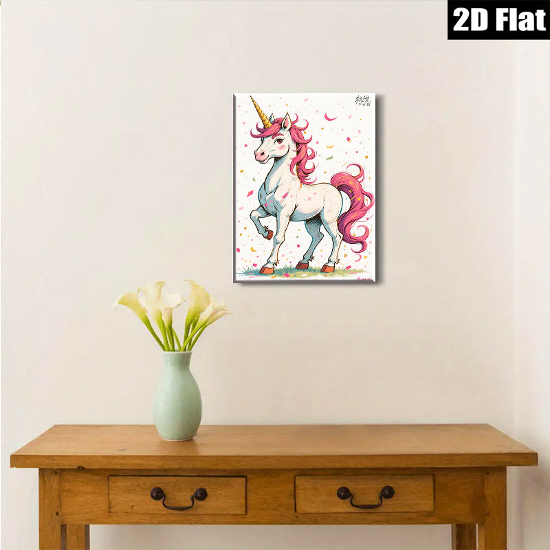2D flat 1pc whimsical unicorn portrait vibrant kids room nursery playroom decor gallery wrapped canvas wall art modern farmhouse style