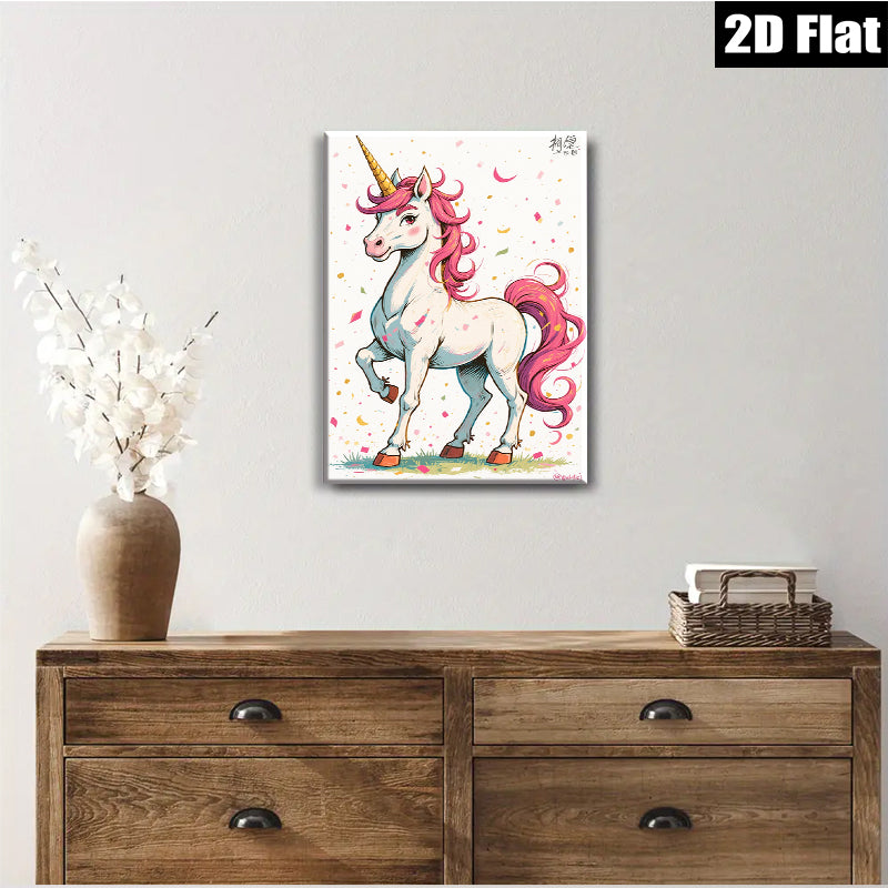 2D flat 1pc whimsical unicorn portrait vibrant kids room nursery playroom decor gallery wrapped canvas wall art modern farmhouse style