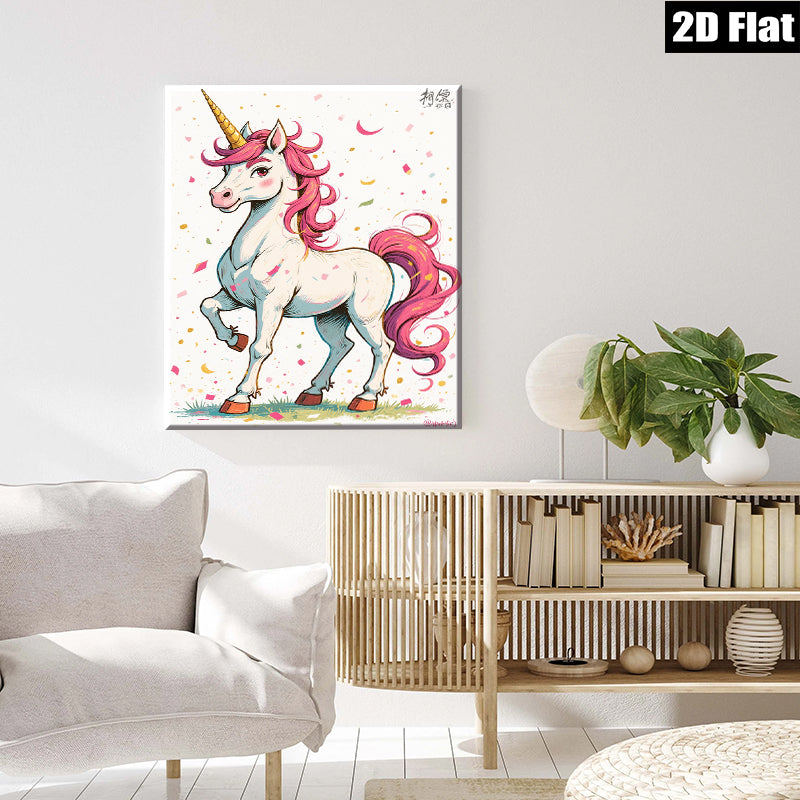 2D flat 1pc whimsical unicorn portrait vibrant kids room nursery playroom decor gallery wrapped canvas wall art modern farmhouse style