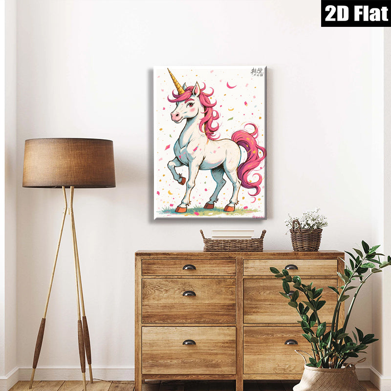2D flat 1pc whimsical unicorn portrait vibrant kids room nursery playroom decor gallery wrapped canvas wall art modern farmhouse style