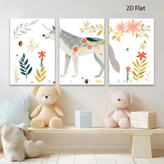 2D flat 1pc whimsical woodland wolf botanical illustration gallery wall art bedroom living room farmhouse modern minimalist cozy