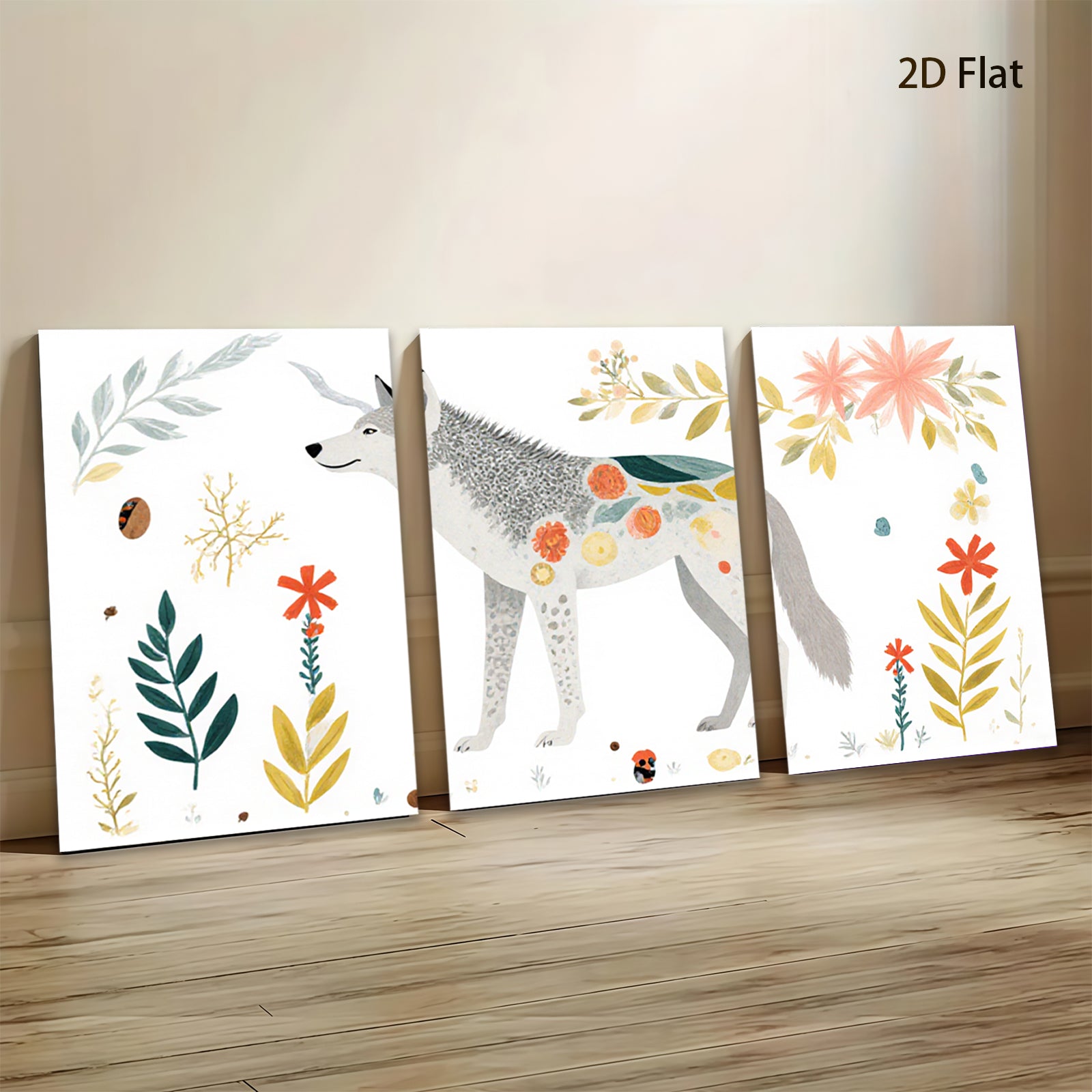 2D flat 1pc whimsical woodland wolf botanical illustration gallery wall art bedroom living room farmhouse modern minimalist cozy